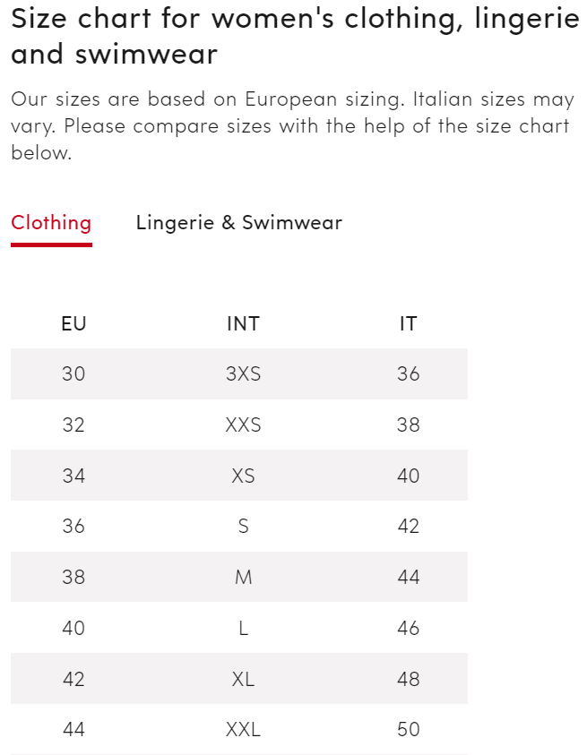 European store size chart